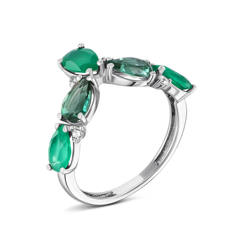 Серебряное кольцо с зеленым агатом, зеленым кварцем и фианитом (1344/1р-GRAG)