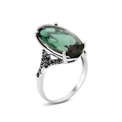 Серебряное кольцо с зеленым кварцем и фианитами (1595ч/1р-QGR)