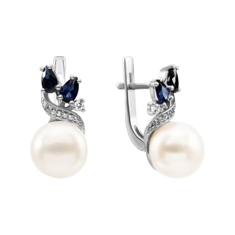 Серебряные серьги с сапфирами, жемчугом и фианитами (2044/1р-PWTNS)
