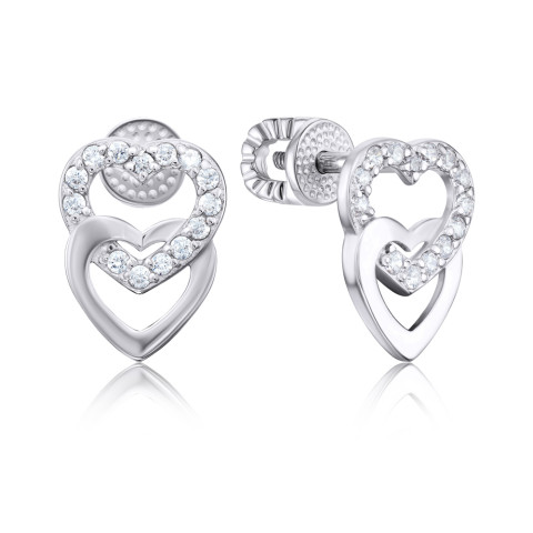 Серебряные пуссеты Сердце с фианитами 40620/12/1/1