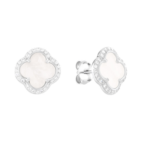 Серебряные пусеты Клевер с перламутром и фианитами (9520086/1б)