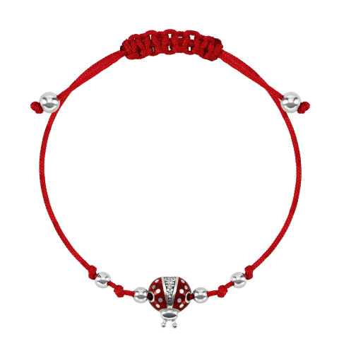 Браслет на нити Божья коровка с фианитами и емалью (996Б.Кра.Rh)