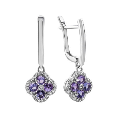 Серебряные серьги-подвески с танзанитом и фианитами (SZDE15308)