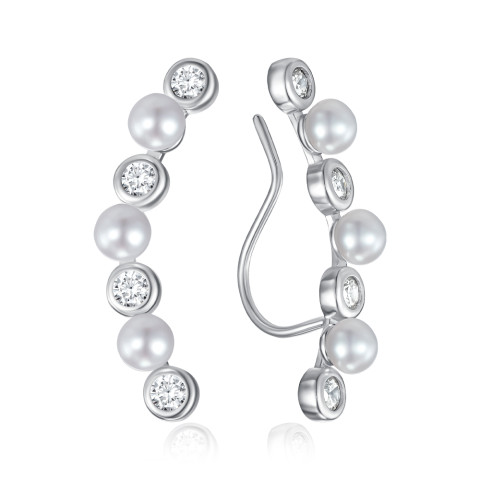 Серебряные каффы с фианитами и жемчугом B04133-E/12/21127