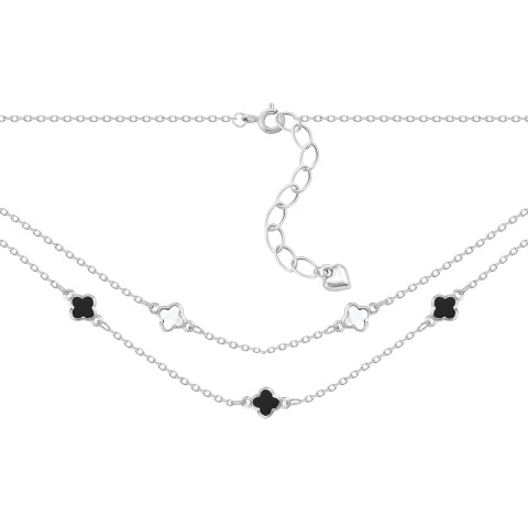 Серебряное колье Клевер с ониксом и перламутром (FN3964)