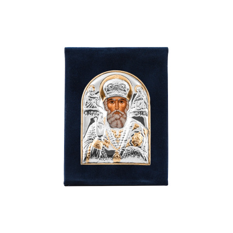 Греческая складная икона «Святой Николай» на бархатной основе с серебром и позолотой (EP1-009 WAG)