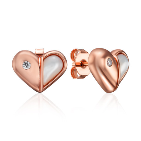 Серебряные позолоченные серьги-пуссеты Сердце с перламутром и фианитами (HJES-869-ROSE-E/17/4510)