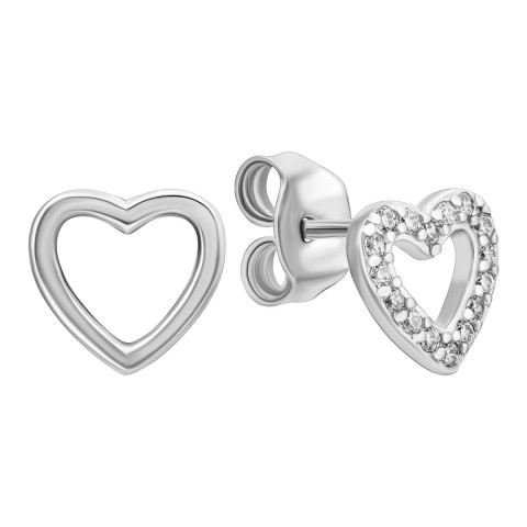 Серебряные серьги-пуссеты Сердце с фианитами (SE00017)