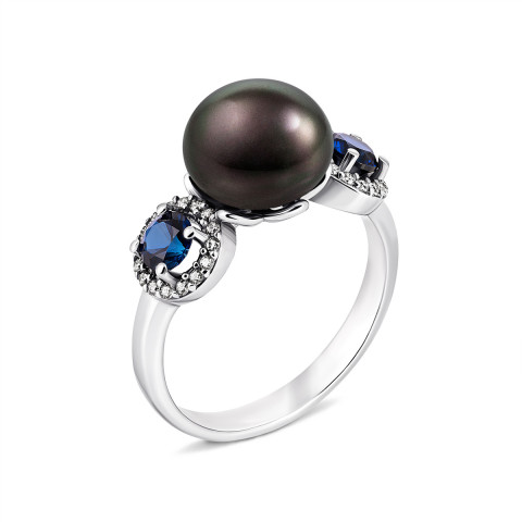 Серебряное кольцо с гидротермальными сапфирами и жемчугом (1464/1р-PBLHS)