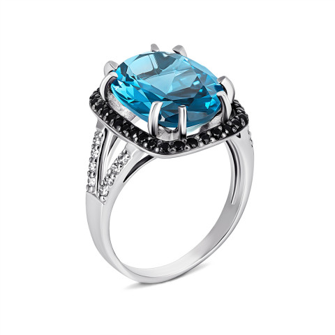 Серебряное кольцо с кварцем London blue и фианитами (1539чб/1р-QLB)