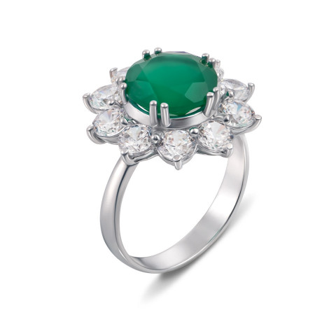 Серебряное кольцо с зеленым агатом и фианитами (1622/9р-GAG)