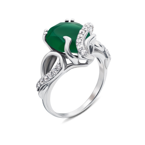 Серебряное кольцо с зеленым агатом и фианитами (1742/9р)