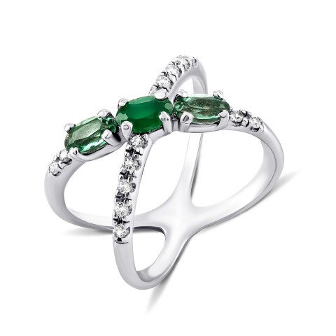 Серебряное кольцо с зеленым агатом, зеленым кварцем и фианитами (1398/1р)