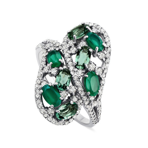 Серебряное кольцо с зеленым агатом, зеленым кварцем и фианитами (1642/9р-GAG)