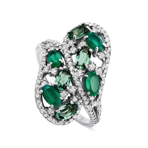Серебряное кольцо с зеленым агатом, зеленым кварцем  и фианитами (1642/9р)