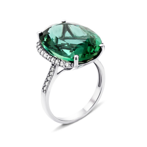 Серебряное кольцо с зеленым кварцем и фианитами (1258/1р-QGR)