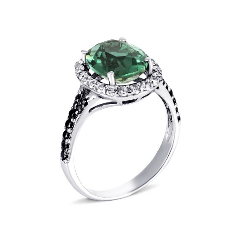 Серебряное кольцо с зеленым кварцем и фианитами (1506чб/1р-QGR)