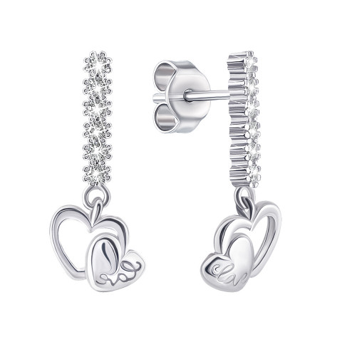 Серебряные серьги-подвески Сердце с фианитами (1EA92559)