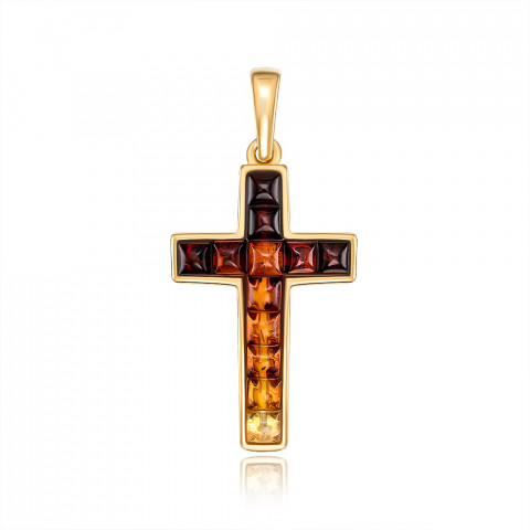 Серебряный позолоченный крестик с янтарем. (AuP220M-R-P/17/2787)