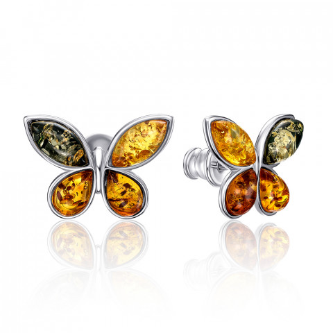 Серебряные пуссеты «Бабочки» с янтарем (RdE554M-E/12/2787)