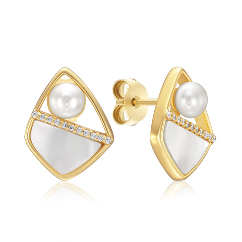 Серебряные пусеты с жемчугом, фианитами и перламутром TE-3264-GOLD-E/20/21216