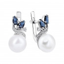Серебряные серьги с сапфирами, жемчугом и фианитами (2044/1р-PWTHS)