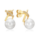 Серебряные пуссеты с жемчугом и фианитами TE-3059-GOLD-E/20/2006