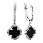 Серебряные серьги-подвески Клевер с ониксом и фианитами (20684ch)