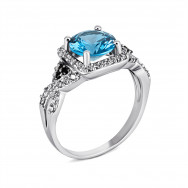 Серебряное кольцо с кварцем London blue и фианитами (1554чб/1р-QLB)