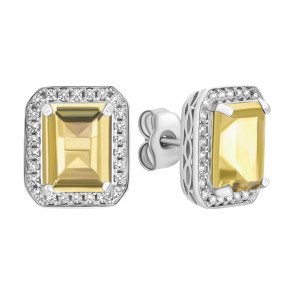 Серебряные пуссеты с желтым кварцем и фианитами (SE18086 с кварц лим)