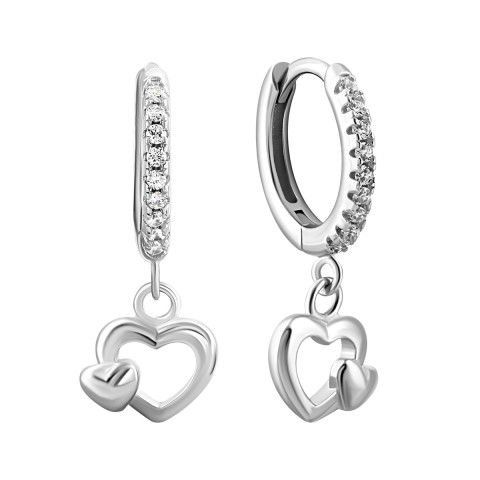 Срібні сережки-підвіски Серце з фіанітами (1EA104695)