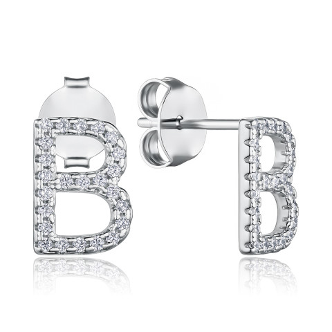 Срібні пусети літера В з фіанітами 1EA92175-E/12/1