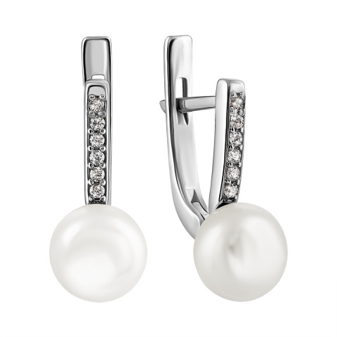 Срібні сережки з перлами і фіанітами  (2437/1р-PWT)