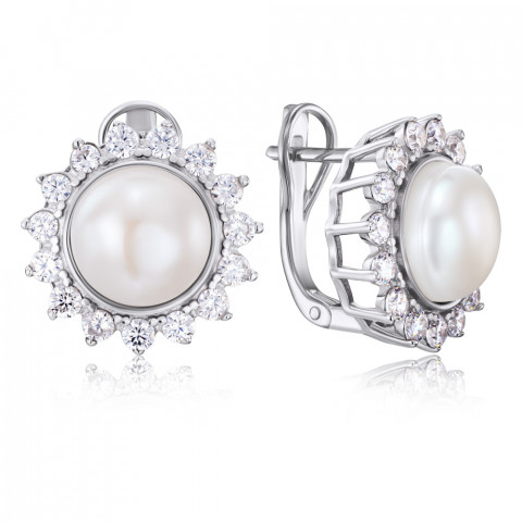 Срібні сережки з перлами та фіанітами (40819/12/1/3836)