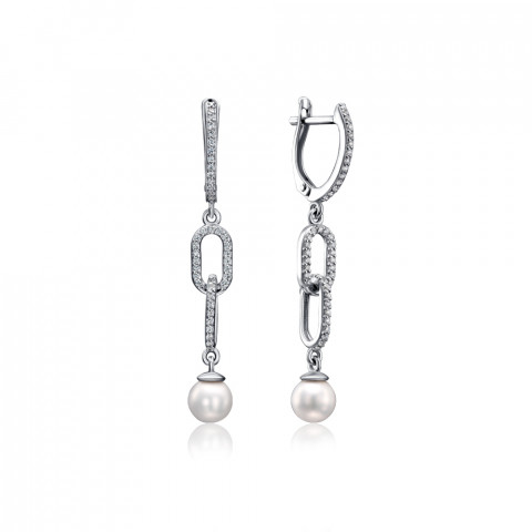 Срібні сережки-підвіски з перлами та фіанітами (41271/12/1/2011)