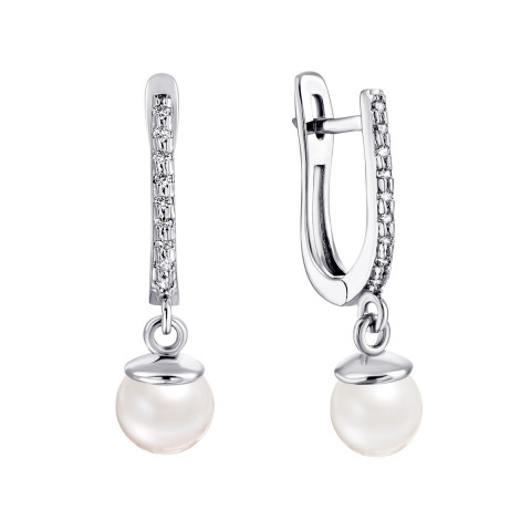 Срібні сережки-підвіски з перлами та фіанітами (7071 Р)