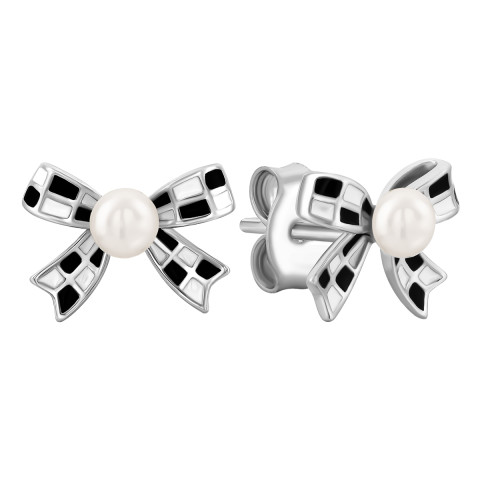 Срібні сережки-пусети Бантики з емаллю та перлиною (AE02495)