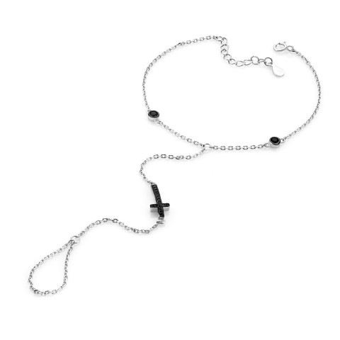 Срібний браслет з каблучкою, фіанітами та емаллю (СB3404)