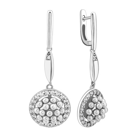 Срібні сережки-підвіски з перлами та фіанітами (EA31917)