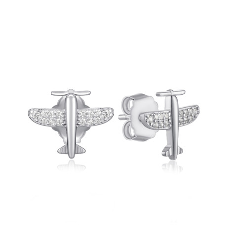 Срібні пусети Літак з фіанітами  JB03508-E/12/1