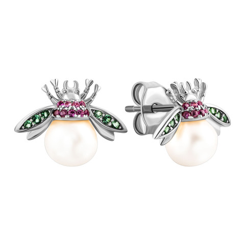 Срібні сережки-пусети з перлиною та фіанітами (SE00318)