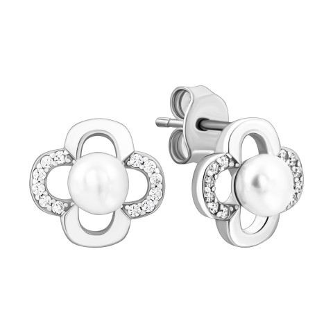 Срібні сережки-пусети з перлами та фіанітами (SE00660)