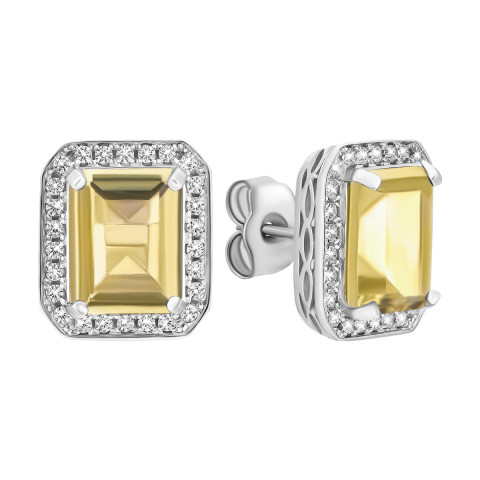 Срібні пусети з жовтим кварцом і фіанітами (SE18086 с кварц лим)