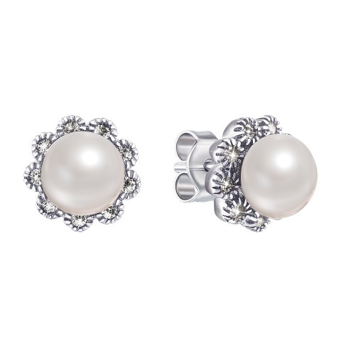 Срібні пусети з перлами і фіанітами (1EA78107)
