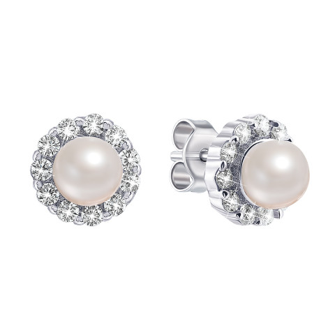 Срібні пусети з перлами і фіанітами (PESS0364)