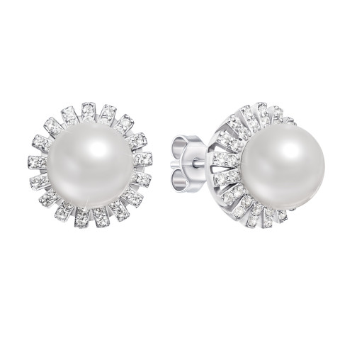 Срібні пусети з перлами і фіанітами (PSS0243-E)
