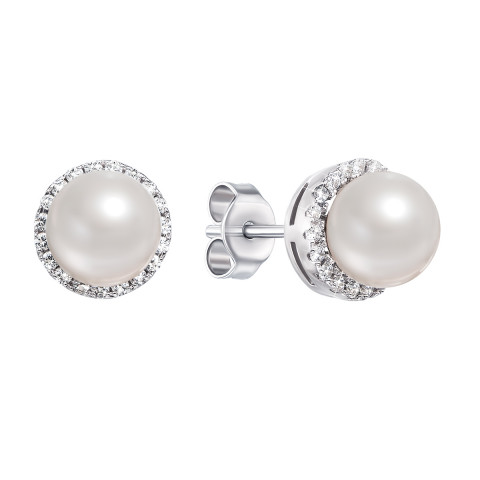 Срібні пусети з перлами і фіанітами (PSS0332-E)