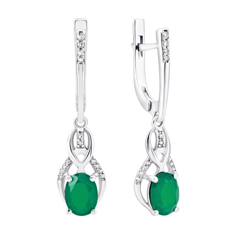 Срібні сережки-підвіски з зеленим агатом і фіанітами (2043/1р-GRAG)