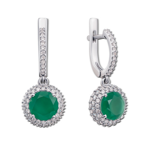Срібні сережки-підвіски з зеленим агатом і фіанітами (2058/9р)