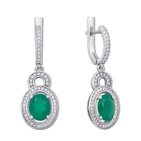 Срібні сережки-підвіски з зеленим агатом і фіанітами (2157/9р)